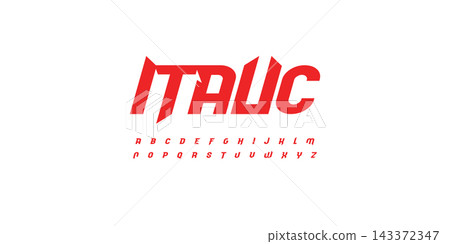 victory bold font, red Italic speed alphabet with bevel inside letters. Dynamic headline and superhero logo. Type for sport, race, gym, car, automotive, shirts, game. Vector typography 143372347