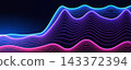 Abstract neon wave lines, dark technology background. Glowing cyan, blue, purple, pink gradients create futuristic data flow. Banner, website, presentation backdrop. Digital waves. Vector Illustration 143372394