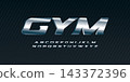 Steel sans expanded font, metal letters set, chrome alphabet, silver vector letters, bold italic uppercase font for man gym on black background. 143372396