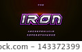 Iron, gaming font for video game logo headline. Bold futuristic letters sharp angles green outline. Tilted sharp font. Modern Vector typography design with metal texture 143372399