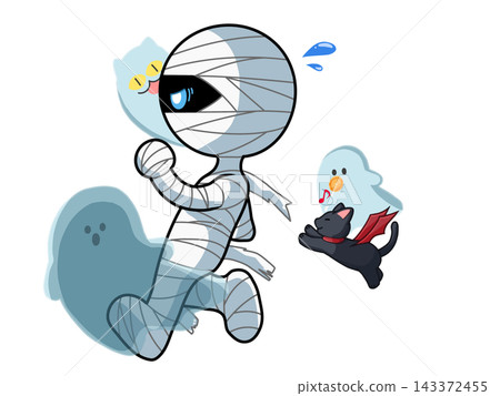 A black cat and a ghost chase a mummy. A black cat and a ghost chase a mummy. 143372455