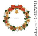 Retro Christmas wreath illustration vector frame December white background red ribbon 143372758