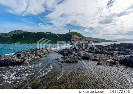 A beautiful coastal landscape of Horotsuki Coast and its unique rock formations, viewed from the shoreline of Takanozaki on the Tsugaru Peninsula in Aomori Prefecture. A beautiful coastal landscape of Horotsuki Coast and its unique rock formations, viewed from the shoreline of Takanozaki on the Tsugaru Peninsula in Aomori Prefecture. 143372806