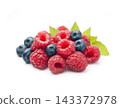 Ripe raspberries and blueberries on white backgrounds 143372978