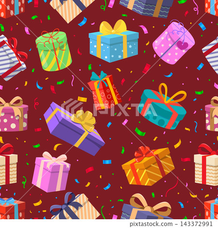 Red Seamless Pattern With Gift Boxes And Confetti Red Seamless Pattern With Gift Boxes And Confetti 143372991