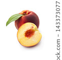 Sweet peaches with leaves on white backgrounds 143373077