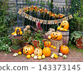 Halloween decorations of pumpkins and garlands adorn the gate. 143373145
