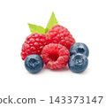 Sweet raspberries with blueberries on white backgrounds 143373147