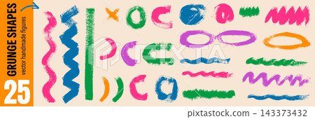 Highlight brush set with handmade arcs and rough shapes. Bright emphasis marks include pink waves and green circles on beige. Textured vector brush elements for poster layout or social media post 143373432