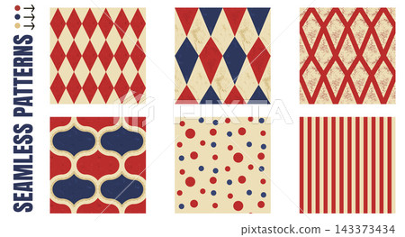 Circus pattern set with coordinated geometric repeats. Red navy circus artwork combines argyle harlequin and lozenge motifs. Aged vector seamless pattern collection for fabric print or package design Circus pattern set with coordinated geometric repeats. Red navy circus artwork combines argyle harlequin and lozenge motifs. Aged vector seamless pattern collection for fabric print or package design 143373434