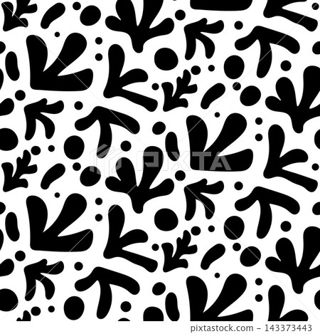 Coastal coral seamless pattern with organic abstract shapes in black and white monochrome. Foliage and dots silhouettes for trendy textile. Vector repeat bg with organic coral waves 143373443