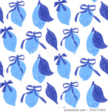 Monochrome lemon seamless pattern with blue bow ribbon on white background. Seamless fruit pattern in navy and sky blue for kitchen textile. Whimsical monochrome citrus vector repeat with hand drawn 143373483