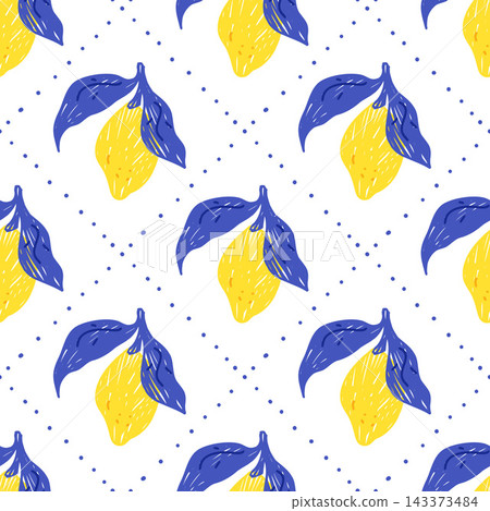 Citrus tropical seamless pattern with dot geometric on white. Border frame lemon fruit repeat print for floral summer italian poster. Vector lemon seamless pattern with hand drawn motif 143373484