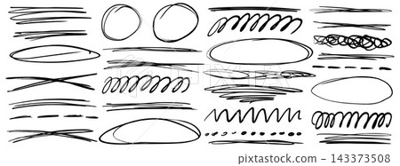 Pen line set with black underlines and loose circular outlines. Hand drawn loops with crossed strokes and dotted marks. Scribble vector accents for text annotation or presentation design Pen line set with black underlines and loose circular outlines. Hand drawn loops with crossed strokes and dotted marks. Scribble vector accents for text annotation or presentation design 143373508