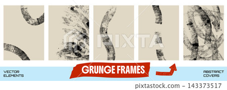 Grunge ornament poster set with dynamic black brush arcs and open beige frames. Dry grunge texture forms curved callout boxes. Rough vector rough lines for social media post or poster design Grunge ornament poster set with dynamic black brush arcs and open beige frames. Dry grunge texture forms curved callout boxes. Rough vector rough lines for social media post or poster design 143373517