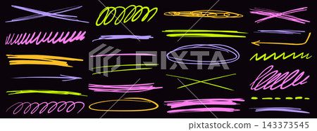 Pen doodle set with bright underlines. Pink and purple strokes with yellow oval outlines and loose loops. Hand drawn vector accents on black background for poster heading or presentation design Pen doodle set with bright underlines. Pink and purple strokes with yellow oval outlines and loose loops. Hand drawn vector accents on black background for poster heading or presentation design 143373545