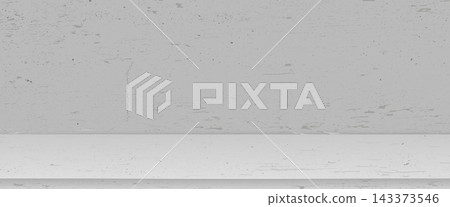 Wall with shelf in pale grey and a lightly distressed finish. Empty ledge beneath a subtle concrete texture with copy space. Studio vector backdrop for product mockup or cosmetic advertising or sale Wall with shelf in pale grey and a lightly distressed finish. Empty ledge beneath a subtle concrete texture with copy space. Studio vector backdrop for product mockup or cosmetic advertising or sale 143373546