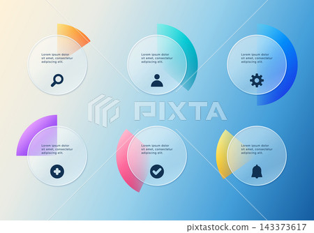 Six step glassmorphism infographic with circular cards, colorful progress arcs and icons for workflow, process and presentation design. Six step glassmorphism infographic with circular cards, colorful progress arcs and icons for workflow, process and presentation design. 143373617