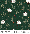 Christmas seamless pattern with cotton bolls, green leaves and red berries on dark green background 143373620
