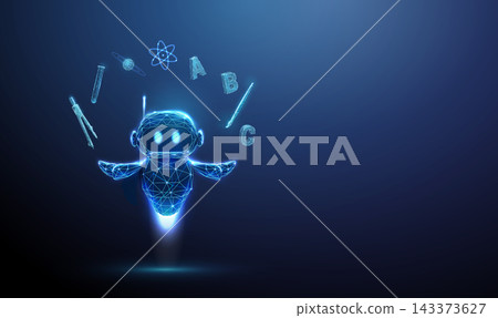 3D blue robot and educational symbols in hands. Online learning, knowledge, science education, academic study, student skill growth, artificial intelligence concept 143373627
