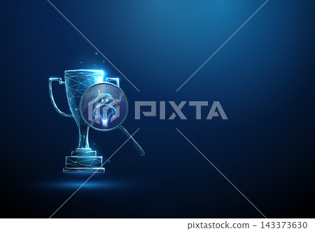 3D blue robot with magnifying glass and sports cup. Performance boost, ai acceleration, smart analytics, automated inspection, data checking, quality control concept 3D blue robot with magnifying glass and sports cup. Performance boost, ai acceleration, smart analytics, automated inspection, data checking, quality control concept 143373630