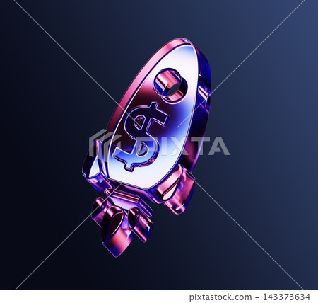 Neon glass rocket 3d icon with dollar sign symbol and glowing purple and blue gradient render. Financial success, business startup, cryptocurrency growth and investment concept. 3D illustration Neon glass rocket 3d icon with dollar sign symbol and glowing purple and blue gradient render. Financial success, business startup, cryptocurrency growth and investment concept. 3D illustration 143373634