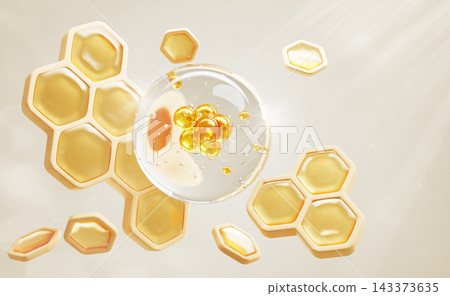 Honey cosmetic serum drop with floating oil bubbles and golden honeycombs on beige background. Yellow hexagon cell pattern, collagen vitamin capsule for beauty and skincare product ad. 3D illustration Honey cosmetic serum drop with floating oil bubbles and golden honeycombs on beige background. Yellow hexagon cell pattern, collagen vitamin capsule for beauty and skincare product ad. 3D illustration 143373635