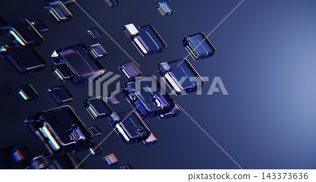 Abstract dark tech 3D background with neon glass blocks, blue purple gradient, light refraction and dispersion effects floating in air. Transparent square shapes, geometric pattern. 3D illustration Abstract dark tech 3D background with neon glass blocks, blue purple gradient, light refraction and dispersion effects floating in air. Transparent square shapes, geometric pattern. 3D illustration 143373636