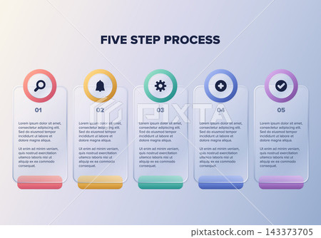 Five step glassmorphism infographic with transparent cards, circular icons and color accents for workflow and business presentations. Five step glassmorphism infographic with transparent cards, circular icons and color accents for workflow and business presentations. 143373705