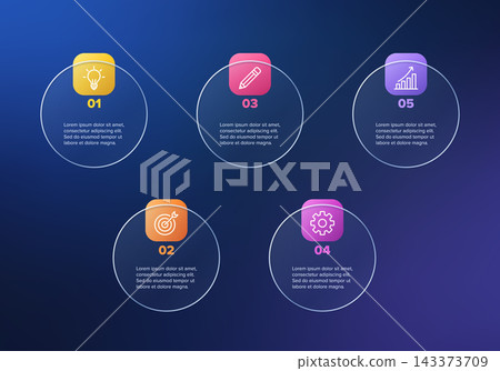 Five step circular glassmorphism infographic with transparent rings, colorful gradient tabs and line icons for business workflow presentations. Five step circular glassmorphism infographic with transparent rings, colorful gradient tabs and line icons for business workflow presentations. 143373709