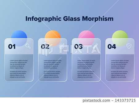 Four step glassmorphism infographic with transparent vertical cards, gradient circles and line icons for workflow and business presentations. Four step glassmorphism infographic with transparent vertical cards, gradient circles and line icons for workflow and business presentations. 143373715