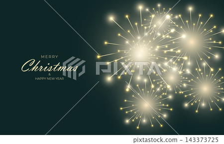 Glowing Christmas and New Year greeting with radiant firework bursts on dark green background. Glowing Christmas and New Year greeting with radiant firework bursts on dark green background. 143373725