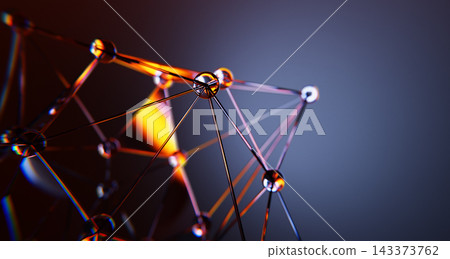 Futuristic network 3D background with connected glowing dots and lines. Neon glass polygonal mesh pattern with warm orange and blue light. Abstract geometric grid, low poly sphere. 3D illustration Futuristic network 3D background with connected glowing dots and lines. Neon glass polygonal mesh pattern with warm orange and blue light. Abstract geometric grid, low poly sphere. 3D illustration 143373762