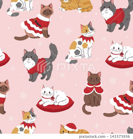 Cute Christmas cats seamless pattern with kittens in festive costume, winter holiday vector background Cute Christmas cats seamless pattern with kittens in festive costume, winter holiday vector background 143373936