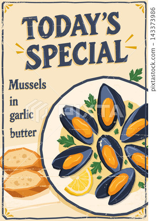 Today's Special Garlic Butter Mussels Retro Restaurant Poster 143373986