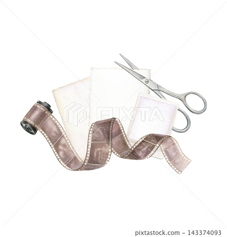 Vintage photographic film roll with scissors, blank paper with deckled edges and a photo frame. Hand-painted watercolor illustration for photography, scrapbooking, stationery and creative projects Vintage photographic film roll with scissors, blank paper with deckled edges and a photo frame. Hand-painted watercolor illustration for photography, scrapbooking, stationery and creative projects 143374093