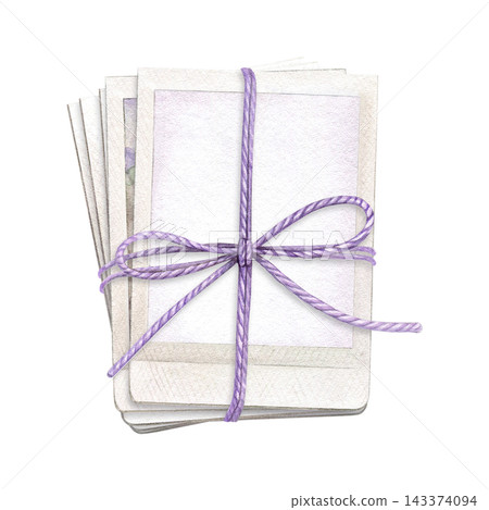 Stack of blank photo prints tied with a lavender cord and bow. Hand-painted watercolor illustration for photography, scrapbooking, photo albums, stationery and creative projects Stack of blank photo prints tied with a lavender cord and bow. Hand-painted watercolor illustration for photography, scrapbooking, photo albums, stationery and creative projects 143374094