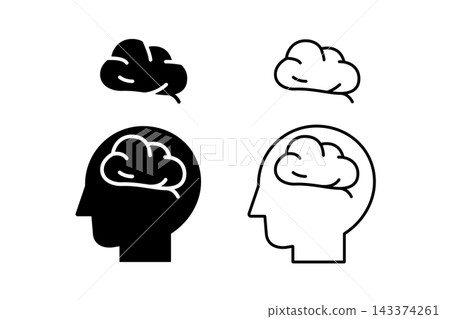 Icon set of brain and human body profile images - illustrations that can be used to depict dementia, cognitive function, etc. 143374261