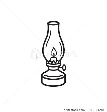 A simple black and white outline icon of a vintage glass oil lamp with a lit flame. A simple black and white outline icon of a vintage glass oil lamp with a lit flame. 143374281