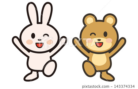 Cute animal character illustrations of a rabbit and a bear happily cheering and playing. Cute animal character illustrations of a rabbit and a bear happily cheering and playing. 143374334