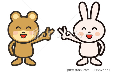可愛的動物角色插畫，一隻兔子和一隻熊面帶微笑地比出和平手勢。 143374335