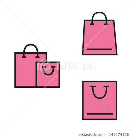 Vector flat illustration. A set of icons of shopping baskets of different shapes. Pink collection. Suitable for online store, stickers and as an independent drawing. Vector flat illustration. A set of icons of shopping baskets of different shapes. Pink collection. Suitable for online store, stickers and as an independent drawing. 143374366