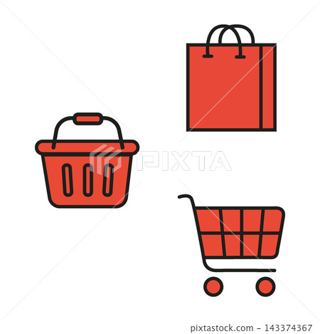 Vector flat illustration. A set of icons of shopping baskets of different shapes. Red collection. Suitable for online store, stickers and as an independent drawing. Vector flat illustration. A set of icons of shopping baskets of different shapes. Red collection. Suitable for online store, stickers and as an independent drawing. 143374367