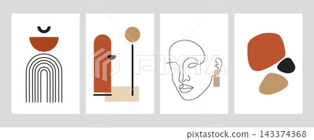 Vector illustration. Set of abstract posters. Modern backgrounds. Features of the girl's face. Mid-century wall decor. Design elements for book cover, page template, print, card, brochure, magazine. Vector illustration. Set of abstract posters. Modern backgrounds. Features of the girl's face. Mid-century wall decor. Design elements for book cover, page template, print, card, brochure, magazine. 143374368