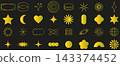 Vector icons on a black background. Collection of abstract geometric symbols in yellow green gradient. y2k style. Elements for the design of notes, posters, stickers, logos, business cards. 143374452