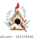 Watercolor wooden winter birdhouse with red cardinal birds isolated on background. Hand drawn Christmas arrangement illustration pine branch, cone, berry and eucalyptus bouquet element for modern wint 143374540