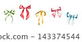 Watercolo silk ribbon bows set isolated on background. Hand drawn satin red, yellow, blue, green gift illustration for Christmas decor and holiday package design. Detailed realistic romantic element f 143374544