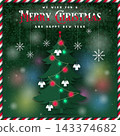 Festive dark green Christmas and New Year greeting card featuring a large decorated fir tree with glowing baubles and hanging angel ornaments, snowflakes, and holiday typography against a dark green b 143374682