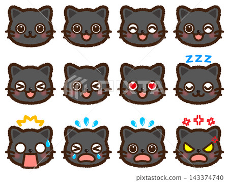 Cute black cat face icon illustrations showing various emotions (joy, anger, sadness, happiness) Cute black cat face icon illustrations showing various emotions (joy, anger, sadness, happiness) 143374740