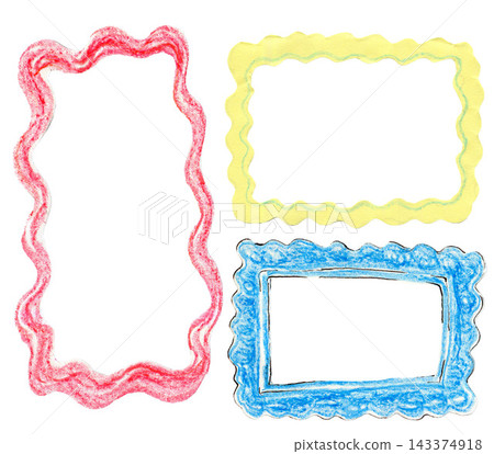 Paper cutout and crayon frames set isolated on white background. Colorful red, yellow and blue hand drawn wavy borders collage. Paper cutout and crayon frames set isolated on white background. Colorful red, yellow and blue hand drawn wavy borders collage. 143374918